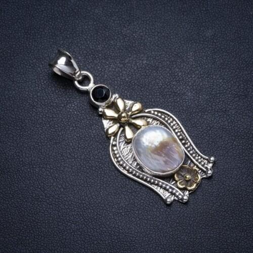 Natural Two Tones Biwa Pearl andBlack Onyx Handmade Unique 925 Sterling Silver Pendant 2" X0763