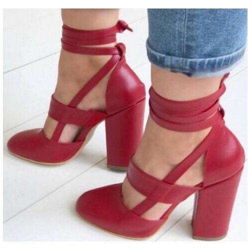 Cheap High Quality 2019 New Brand Woman Solid Beige Black Red Cuts Out Lace Up Round Toe Square Heels Big Size Sandals Shoes
