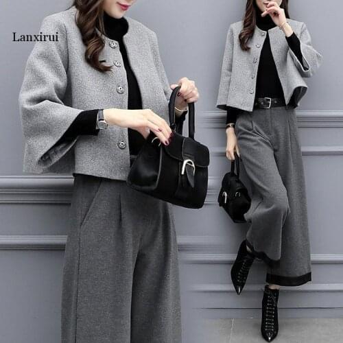 New womens autumn and winter large size two-piece Hidden Breasted Blended wool short coat wide-leg pants casual fashion suit