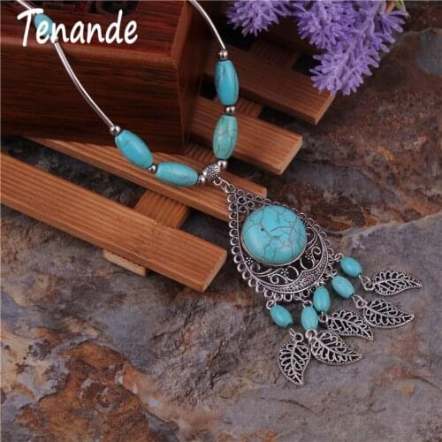 Tenande Vintage Natural Stone Beads Necklaces Hollow Water Droplets Leaves Tassel Necklaces & Pendants for Women Gifts Bohemian
