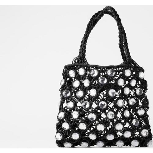 Black rope woven bag Hand-stitched holiday fashion woven diamond handbag mini bucket bag with rhinestone wedding wallet fashion