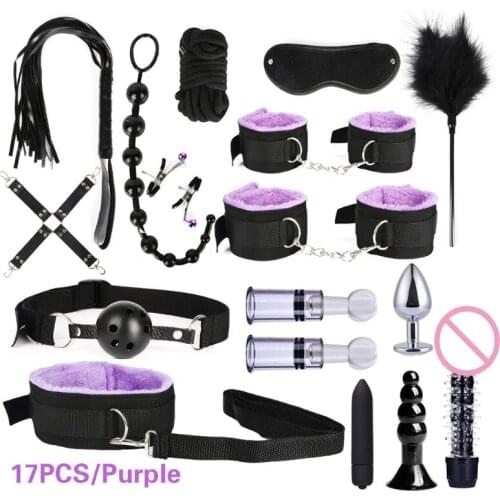 RXJD 17pcs Sex BDSM Collar Handcuff Chain Slave Rope Bondage Butt Plug Whip Vibrator Kit Fetish SM Toys for Women Couples