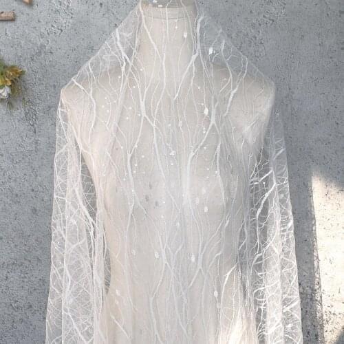 Off-white Embroidered Sequined Lace Fabric Mesh Clothing Fabric DIY Wedding Dress Catwalk Dress Fabric Width 150cm 1yard