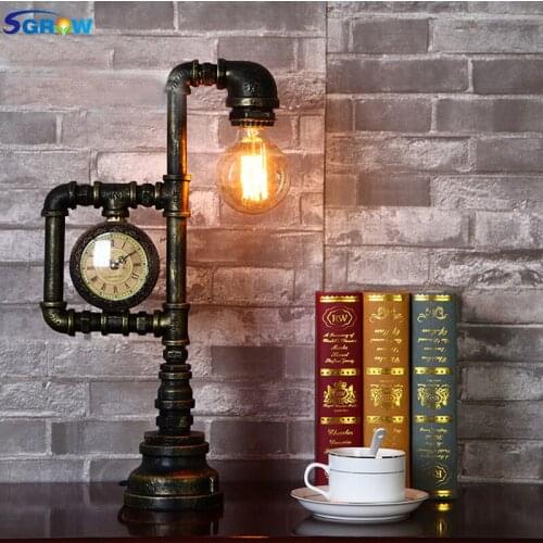 SGROW Loft Industrial Retro Desk Lamp Iron Pipe Table Lamp E27 Edison Bulb Lights for Bedroom Creative Design Watch Desk Lights