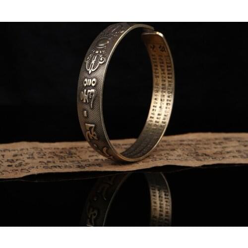 Tibetan retro Buddhist Heart Sutra brass Bracelet six character mantra couple Sutra National Style Copper Bracelet