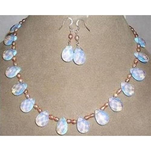 Unique Natural Freshwater Pink Pearl & Opals Drop shape Necklace Earring Set 17.5" Jewelry Necklace Earrings