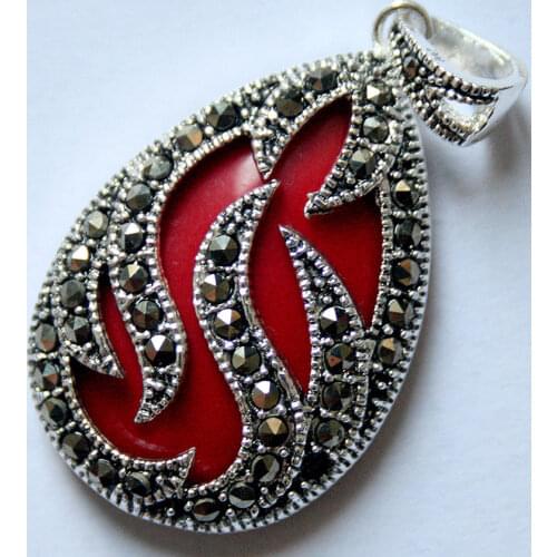 VINTAGE 925 STERLING SILVER INLAY RED CORAL MARCASITE PENDANT 30x20MM