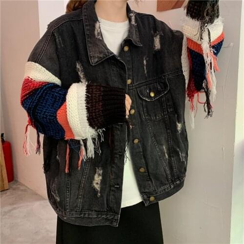 2020 Spring Autumn coat Women Knitted Sleeve Tassel Outwear Colorful Patchwork Women Denim Jacket Single Breasted Casual Coat