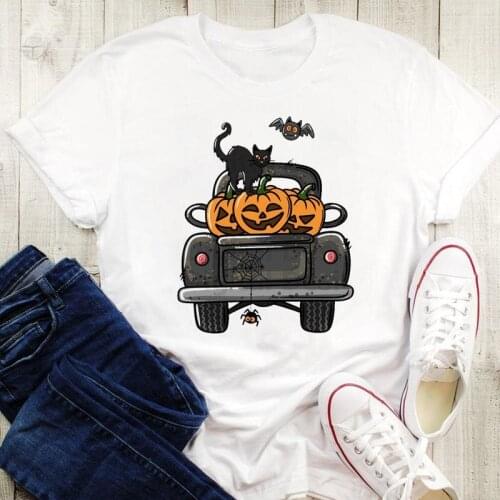 Fall Autumn Truck Pumpkin Cat Graphic Print Tees Women Halloween Thanksgiving Female Style Cartoon Tops Tshirt T-Shirt