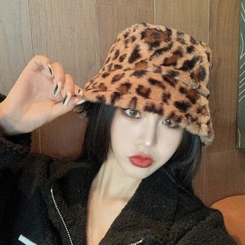 Winter Cow Leopard Print Faux Fur Plush Bucket Hats For Women Outdoor Warm Hat Soft Velvet Fisherman Cap Lady Fashion Panama
