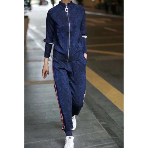 2018 Autumn Women Tracksuit Zipper Shiny Knitted Cardigan Sweatshirt +haren Pants 2 Pieces Set