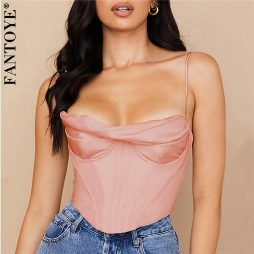 Fantoye Satin Spaghetti Strap Fishbone Women Camis Tops Pink Sleeveless Sexy Backless Zipper Camis Women Autumn Slim Elegant Top