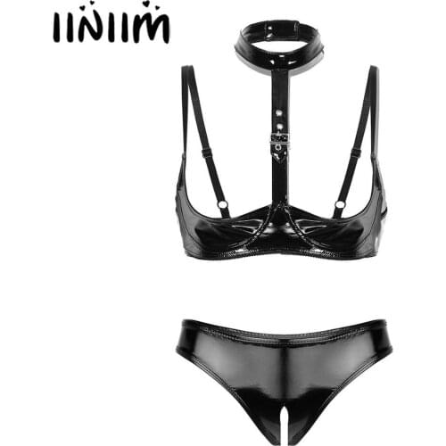 Womens Wet Look Leather Apparel Costumes Lingerie Exotic Set Open Cups Shelf Bra Top with Open Crotch High Cut Briefs Panties