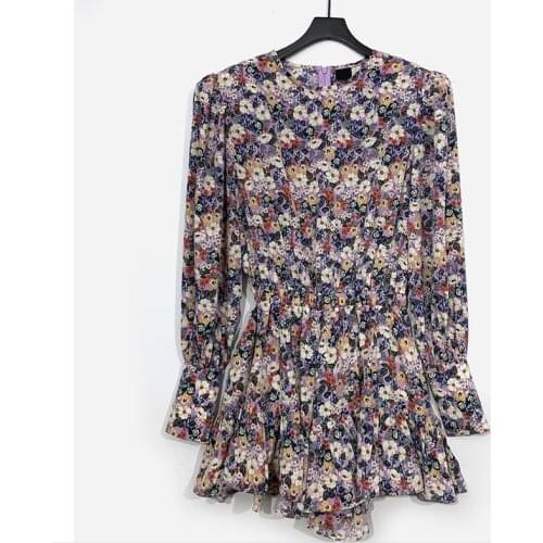 VSUE Women Green Pink Vintage Floral Print O-neck Long Sleeve Empire A-line Ruffle Mini Dress Summer Korea D2597