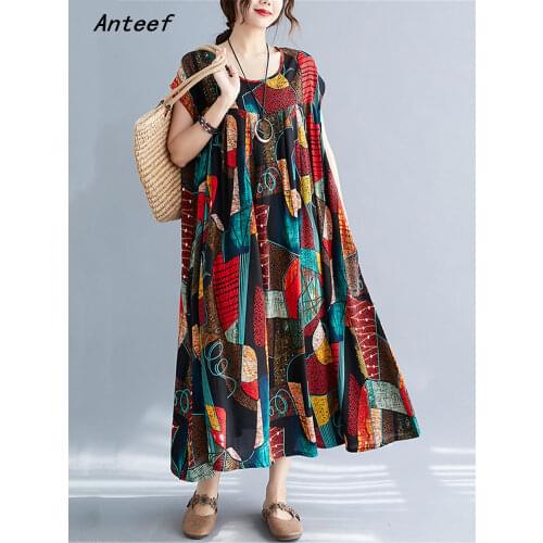 Short sleeve plus size cotton vintage floral dresses for women casual loose long woman summer dress elegant clothes 2021