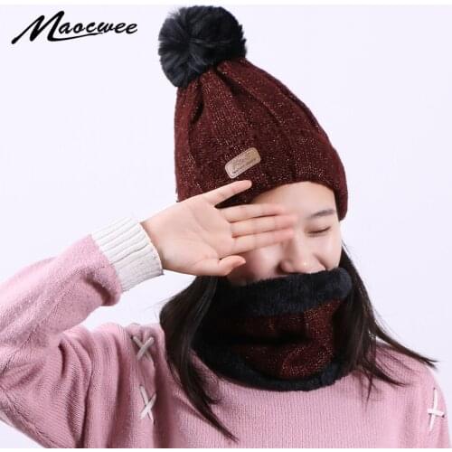 Winter Keep Warm Two-piece Scarf Hat Glove Women Beanie Cap With Skullies Knitted Hats Unisex Elastic Hats Striped Cap Outdoor