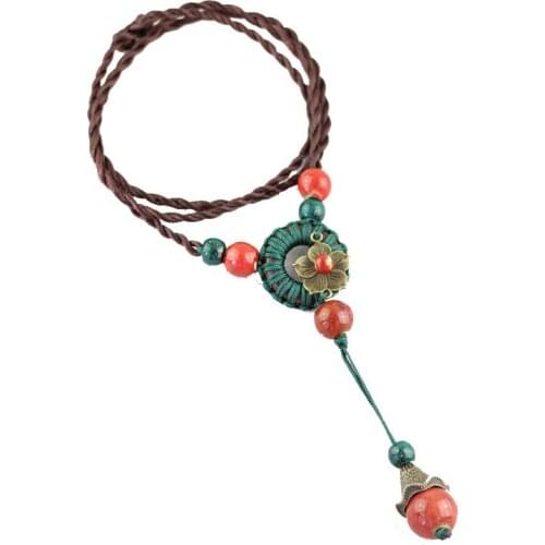 12 Pieces/Lot Statement Necklace Women Ethnic Rope Chain Ceramic Beads Alloy Flower Long Tassel Necklaces Sweater Accessories