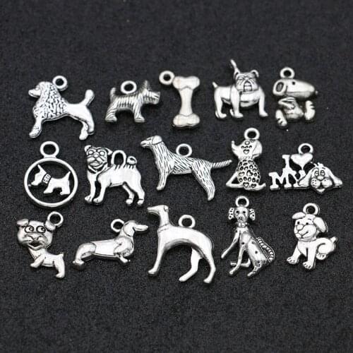 15pcs Antique Silver Plated Dog Charms Pendant for Jewelry Making Bracelet Necklace DIY Accessories Craft Mix