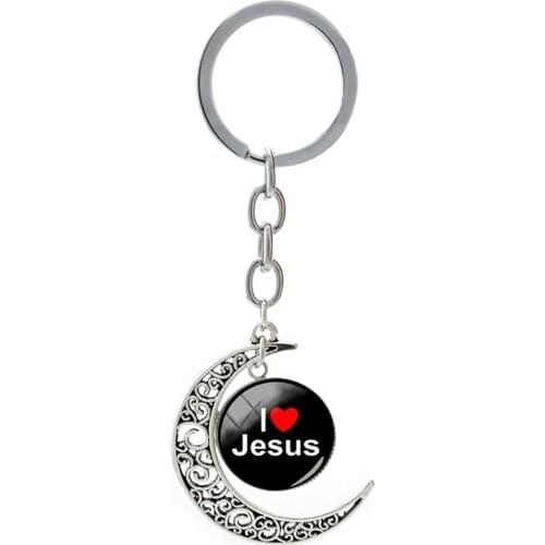 TAFREE I Love Jesus Letters Moon Pendant Keychains Simple Design 20 mm Glass Cabochon Dome Key Jewelrys For Believers
