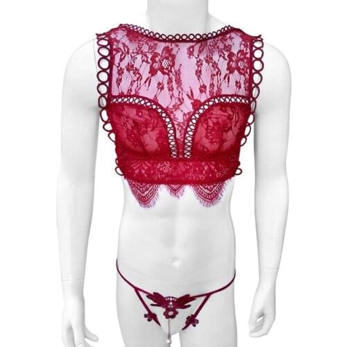 Floral Lace Sissy Lingerie Sets With Thong Underwear For Mens Hollow Out Sexy Sleepwear See Through Male Bra Nightdress