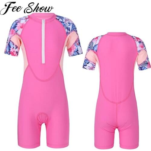 Kids Girls One-piece Wetsuits Beach Swimwear Short Sleeves Front Zipper Shorts Jumpsuit Surfing Swimming Bathing Suits Swimwear