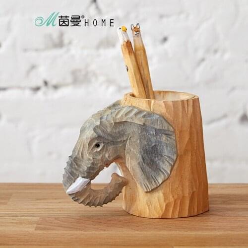 Home Hand-carved Wood Carving Crafts Ornaments Elephant Pen Case Office Study Ornaments Retro Desktop Pen Craft Creative Gift