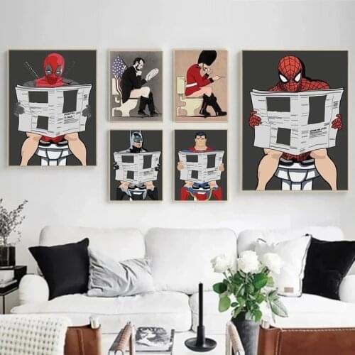 Marvel Funny Avengers Spiderman Superhero Art Posters Prints Character Read Magazine In The Toilet Canvas Painting Home Decor