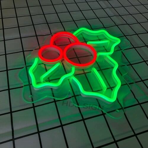 Commercial Christmas Decorations Acrylic Green leaf red ball pendant Flex Led Custom Neon Sign Light Ins Wall Hanging Decor home