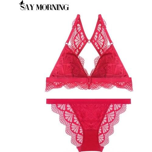 SAY MORNING 2021 Front Closure Butterfly Backless Lace Bra and Thong Set Wireless Removable Lined Lingerie Women Underwear Set