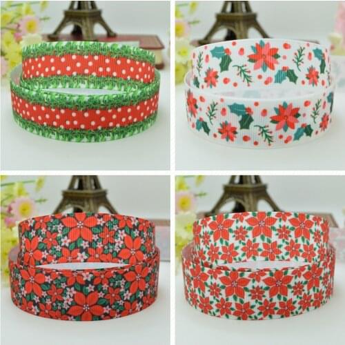10 Yards 22mm 7/8" Christmas flower Red Green pretty Printed grosgrain ribbon hair bow Headwear hair accessories retail B0929