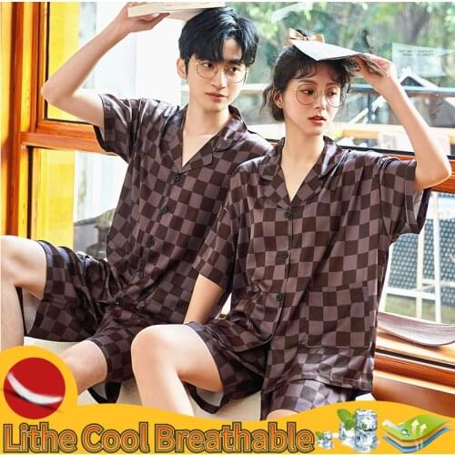 Summer Short Solid Sleeved Men Pyjamas Imitate Silk Polyester Men Pajama Sets Satin Pajama Lover Sleepwear Pajamas Nightgown 3XL