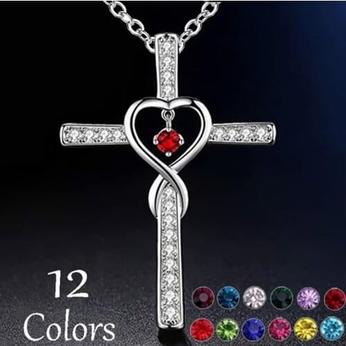 Silver Plated Fashion Cross Religious Belief Gem Pendant Necklace Heart Pendant Necklace Infinite Love God Religious Jewelry