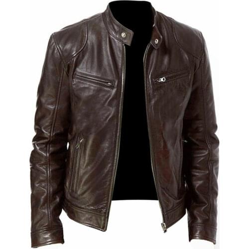Mens biker jacket multi-pocket stand-up collar PU jacket fashion European and American style mens leather jacket S-5XL