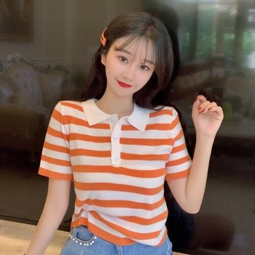 2020 new nylon summer polo collar striped short-sleeved T-shirt female wild sweater