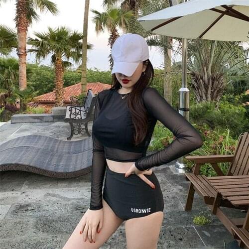 2020 new three-piece split swimsuit women Japan and South Korea sexy mesh long sleeve vacation bikini