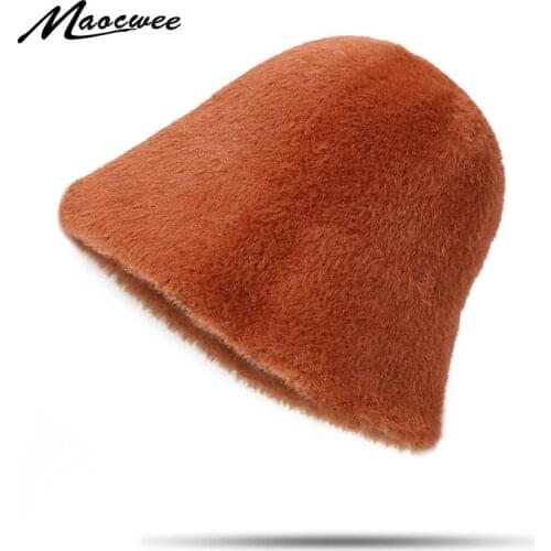 New Wind Warm Faux Fur Winter Panama Hats Women Outdoor Sunscreen Bucket Hat Female Fashion Solid Basin Cap Lady Sun Caps Gift