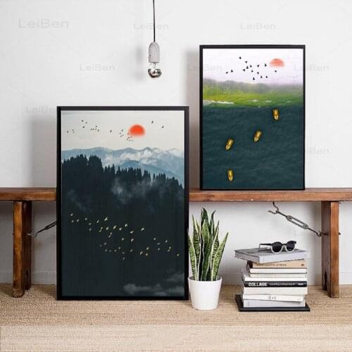 Chinese Style Landscape Canvas Painting Golden Bird Boat Wall Art Posters and Prints Modern Home Decoration Living Room Bedroom