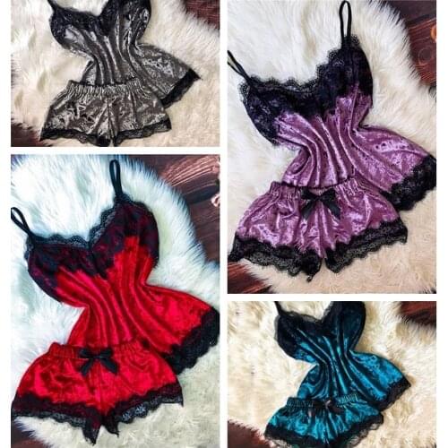 Sexy Lingerie Women Sleep Wear Camisole Bow Shorts V-Neck Tops Velvet Pajamas Sleepwear Women Clothing For Homewear