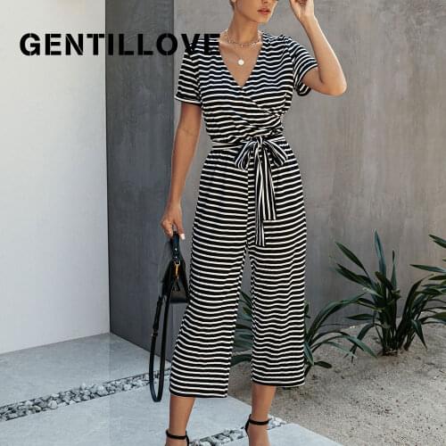 Gentillove Women Summer Loose Elegant Regular V-Neck Lace Up Stripe Short Sleeve High Waist Casual Basic Office Lady Rompers