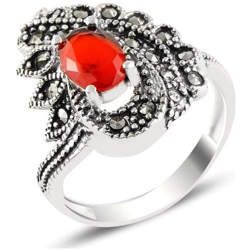 Silver 925 Sterling Garnet Zircon & Marcasite Ring