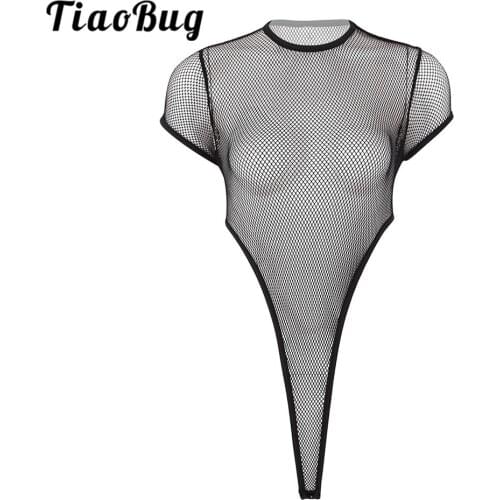 TiaoBug Women Round Neck Short Sleeve High Cut See Through Sheer Fishnet Sexy Bodysuit Jumpsuit Club Party Tops Rave Costume