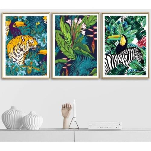 Tiger bird leopard zebra monstera wall art canvas painting Nordic posters and prints living room decoration painting wall