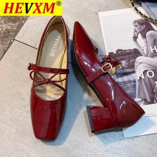 HEVXM 2021 Spring Mary Janes Women Pumps Leather Square Toe High Heels Shoes Woman Retro Sweet Butterfly-Knot Casual Pumps