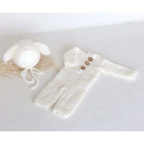 Vintage Mohair Knit Bunny Outfit Baby Boy Hat Romper Set Crochet Newborn Clothes Set Photo Props Knitted Baby Overalls Pants