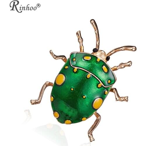 RINHOO New Enamel Green Insect Brooch Gold-Color Yellow Spot Beetle Hijab Pins UP Women Kid Corsage Cute Animal Bijoux Broche