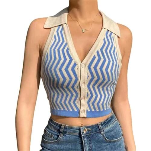 Sexy Y2k Backless Crop Tank Tops For Women Casual Streetwear Striped Deep V-Neck Halter Knitted Vest With Buttons топик женский