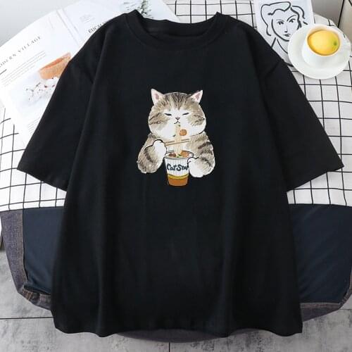 Cat Eating Instant Noodles Print Female Tshirts Vintage Traveling T-Shirts Pattern Brand Clothes Casual Home Tshirts For Women
