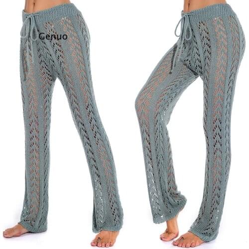 Women Summer Beach Knitted Hollow Out Pants See Through Mesh Crochet Flare Pant Sexy Bodycon Party Trousers Clubwear
