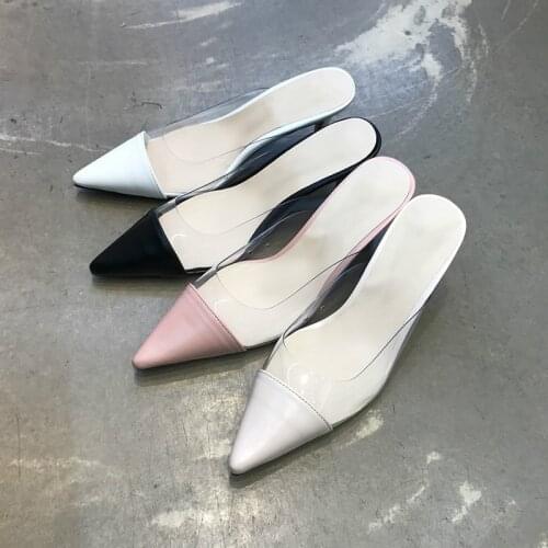 Pointed Half Slippers Womens 2020 Spring Korean Color Matching Thin Heeled Baotou Transparent High Heels Outer Wear Slippers