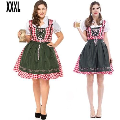 Adult Women Oktoberfest Maid Fraulein Wench Heidi Costume Bavarian Dirndl Plaid Lace-Up Apron Dress Festival Outfit For Ladies